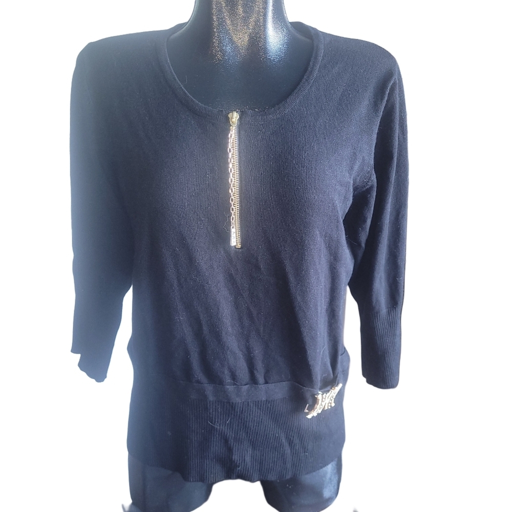 Marie Claire Black Cropped Sleeve Top with Zippered Neckline XL